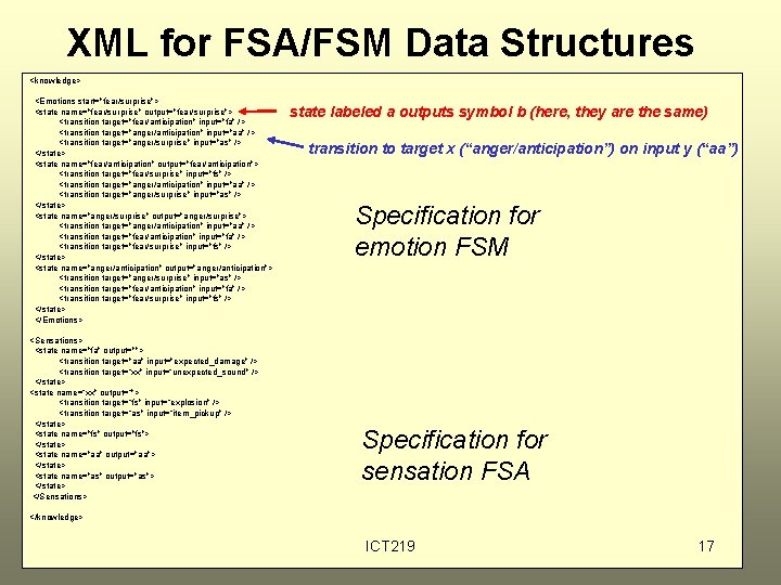 XML for FSA/FSM Data Structures <knowledge> <Emotions start="fear/surprise"> <state name="fear/surprise" output="fear/surprise"> <transition target="fear/anticipation" input="fa" XML for FSA/FSM Data Structures <knowledge> <Emotions start="fear/surprise"> <state name="fear/surprise" output="fear/surprise"> <transition target="fear/anticipation" input="fa"