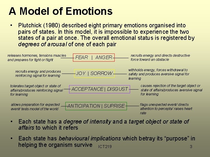 A Model of Emotions • Plutchick (1980) described eight primary emotions organised into pairs A Model of Emotions • Plutchick (1980) described eight primary emotions organised into pairs