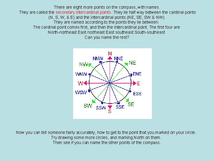 There are eight more points on the compass, with names. They are called the There are eight more points on the compass, with names. They are called the