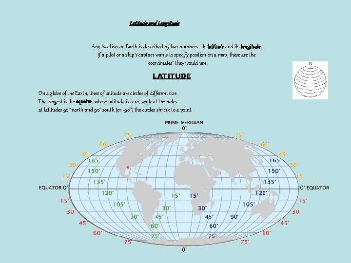 Latitude and Longitude Any location on Earth is described by two numbers--its latitude and Latitude and Longitude Any location on Earth is described by two numbers--its latitude and