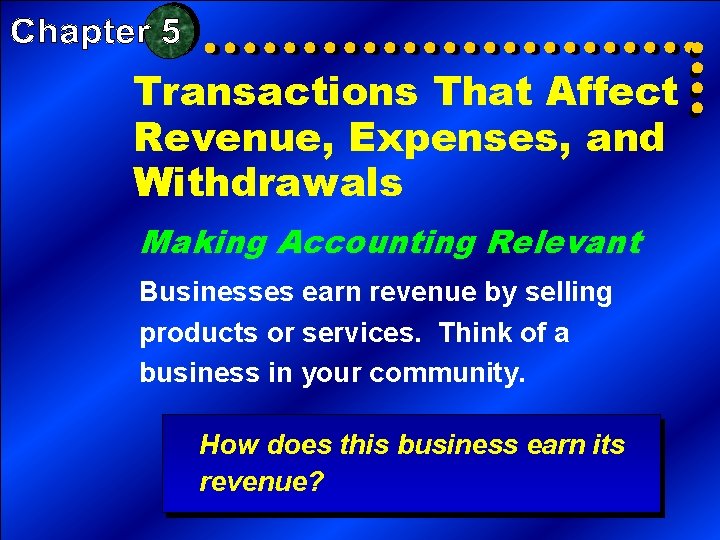 Transactions That Affect Revenue, Expenses, and Withdrawals Making Accounting Relevant Businesses earn revenue by Transactions That Affect Revenue, Expenses, and Withdrawals Making Accounting Relevant Businesses earn revenue by