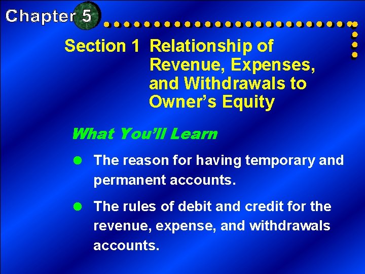 Section 1 Relationship of Revenue, Expenses, and Withdrawals to Owner’s Equity What You’ll Learn Section 1 Relationship of Revenue, Expenses, and Withdrawals to Owner’s Equity What You’ll Learn