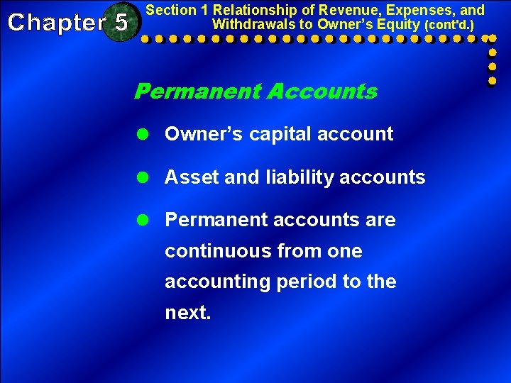 Section 1 Relationship of Revenue, Expenses, and Withdrawals to Owner’s Equity (cont'd. ) Permanent Section 1 Relationship of Revenue, Expenses, and Withdrawals to Owner’s Equity (cont'd. ) Permanent