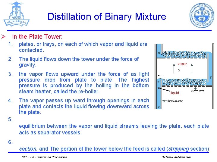 Distillation of Binary Mixture Ø In the Plate Tower: 1. plates, or trays, on