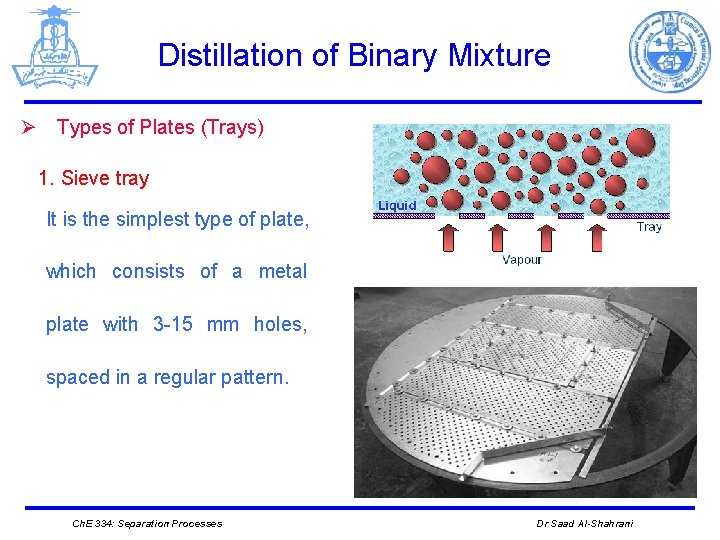 Distillation of Binary Mixture Ø Types of Plates (Trays) 1. Sieve tray It is