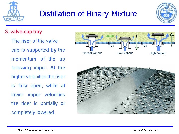 Distillation of Binary Mixture 3. valve-cap tray The riser of the valve cap is