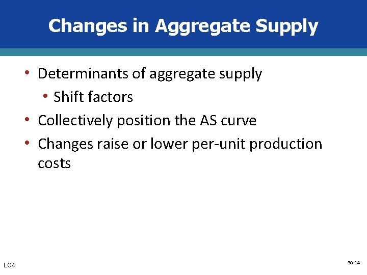 Changes in Aggregate Supply • Determinants of aggregate supply • Shift factors • Collectively
