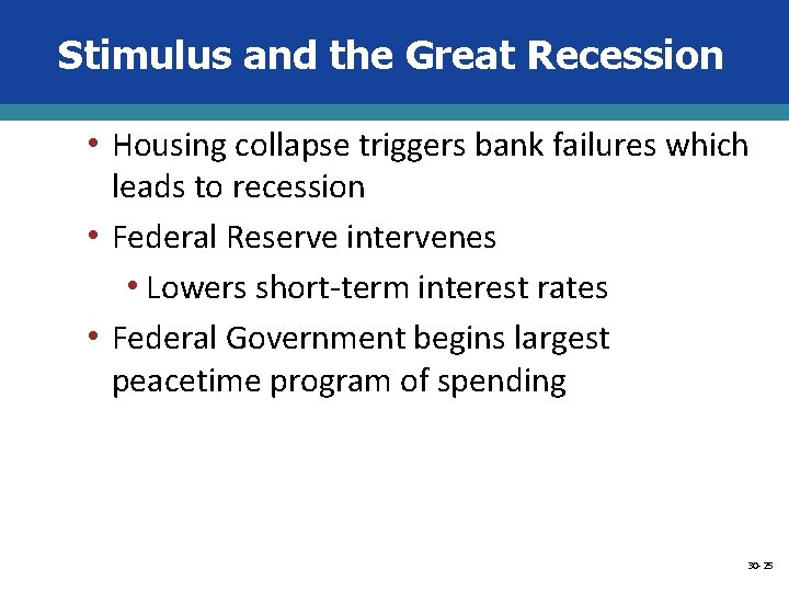 Stimulus and the Great Recession • Housing collapse triggers bank failures which leads to