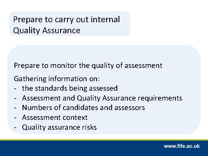 Prepare to carry out internal Quality Assurance Prepare to monitor the quality of assessment