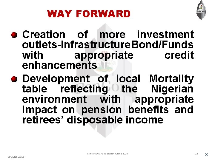 WAY FORWARD Creation of more investment outlets-Infrastructure Bond/Funds with appropriate credit enhancements Development of