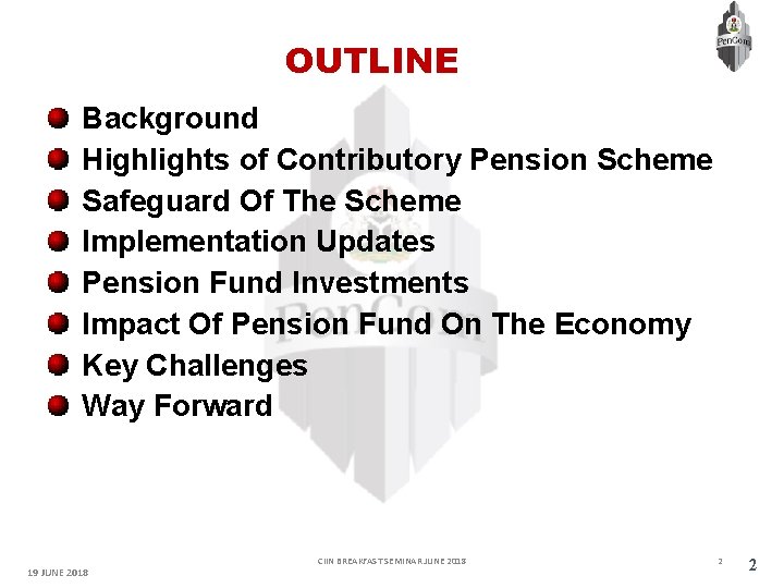 OUTLINE Background Highlights of Contributory Pension Scheme Safeguard Of The Scheme Implementation Updates Pension