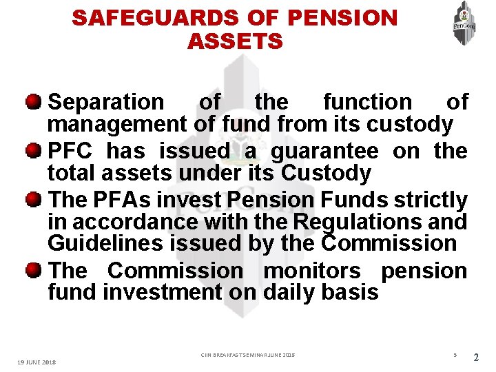 SAFEGUARDS OF PENSION ASSETS Separation of the function of management of fund from its