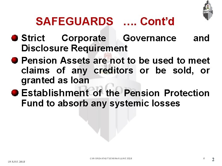 SAFEGUARDS …. Cont’d Strict Corporate Governance and Disclosure Requirement Pension Assets are not to