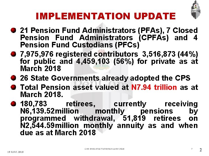 IMPLEMENTATION UPDATE 21 Pension Fund Administrators (PFAs), 7 Closed Pension Fund Administrators (CPFAs) and