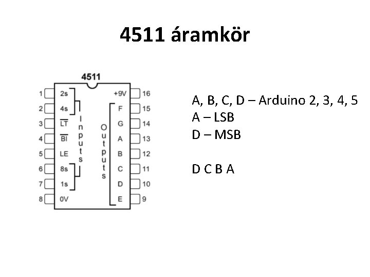 4511 áramkör A, B, C, D – Arduino 2, 3, 4, 5 A –