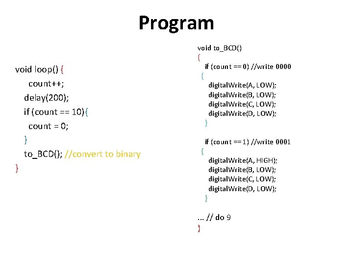 Program void loop() { count++; delay(200); if (count == 10){ count = 0; }