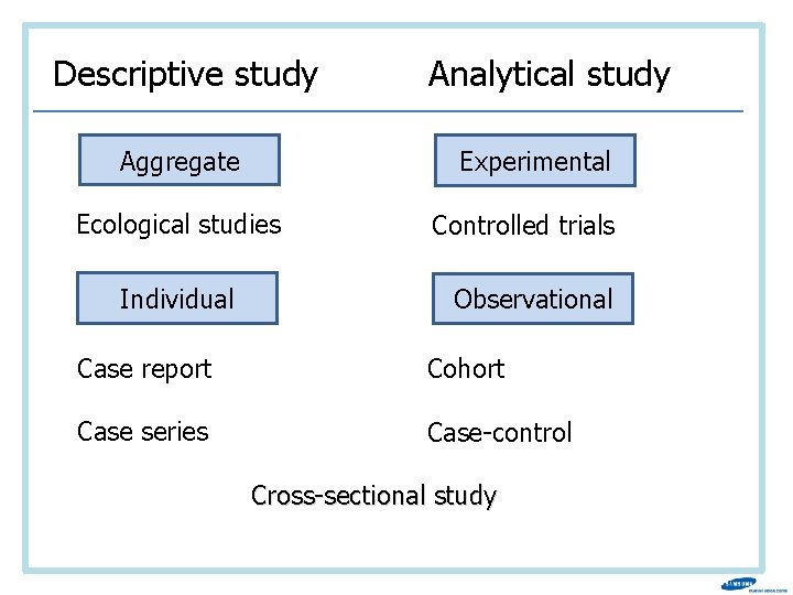 Descriptive study Analytical study Aggregate Ecological studies Individual Experimental Controlled trials Observational Case report