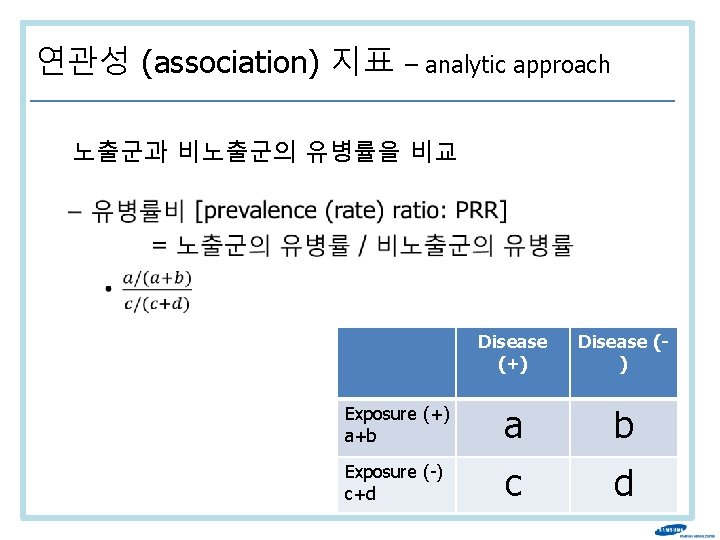 연관성 (association) 지표 – analytic approach • 노출군과 비노출군의 유병률을 비교 Disease (+) Disease