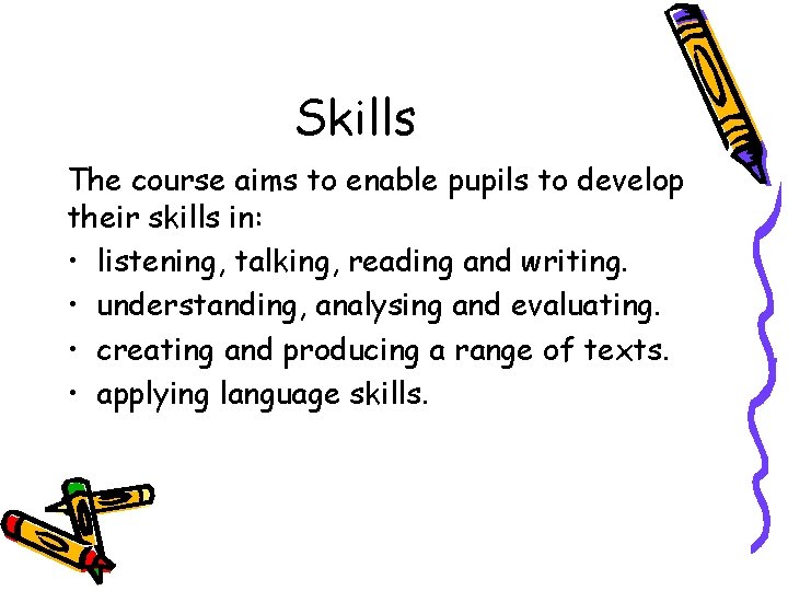 Skills The course aims to enable pupils to develop their skills in: • listening,