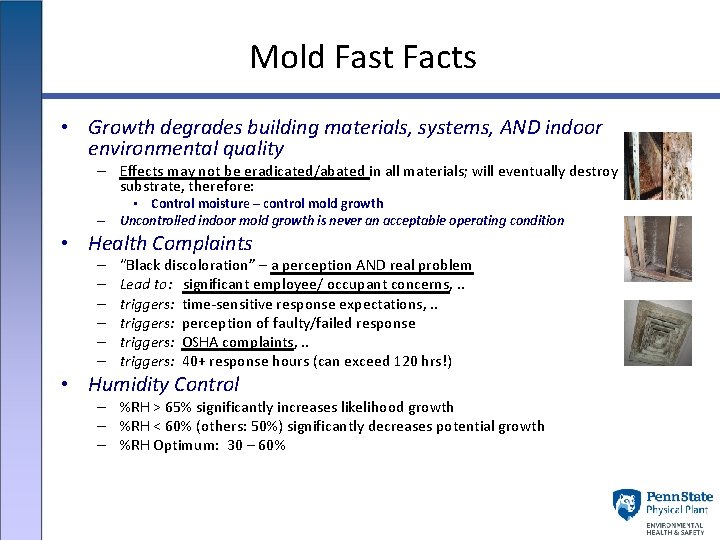 Mold Fast Facts • Growth degrades building materials, systems, AND indoor environmental quality –