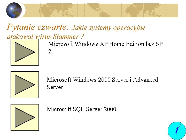 Pytanie czwarte: Jakie systemy operacyjne atakował wirus Slammer ? Microsoft Windows XP Home Edition