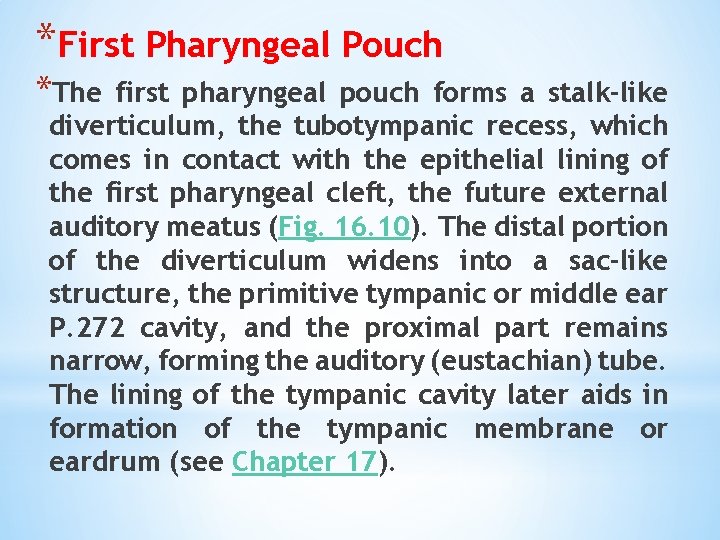 *First Pharyngeal Pouch *The first pharyngeal pouch forms a stalk-like diverticulum, the tubotympanic recess,