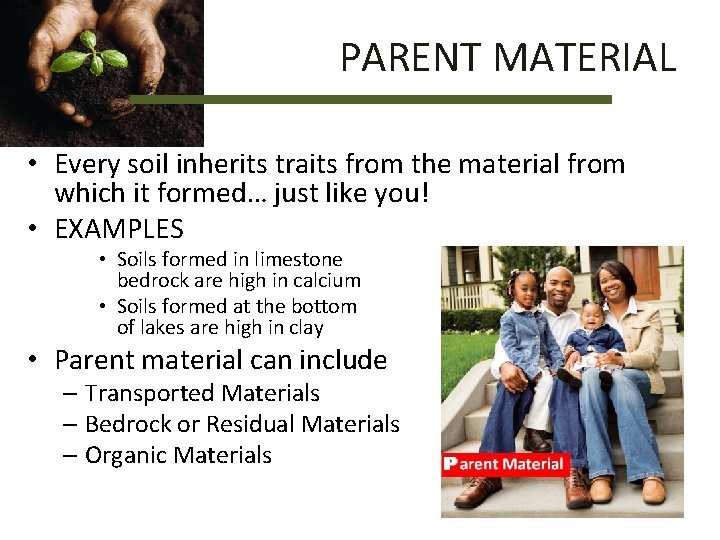 PARENT MATERIAL • Every soil inherits traits from the material from which it formed…