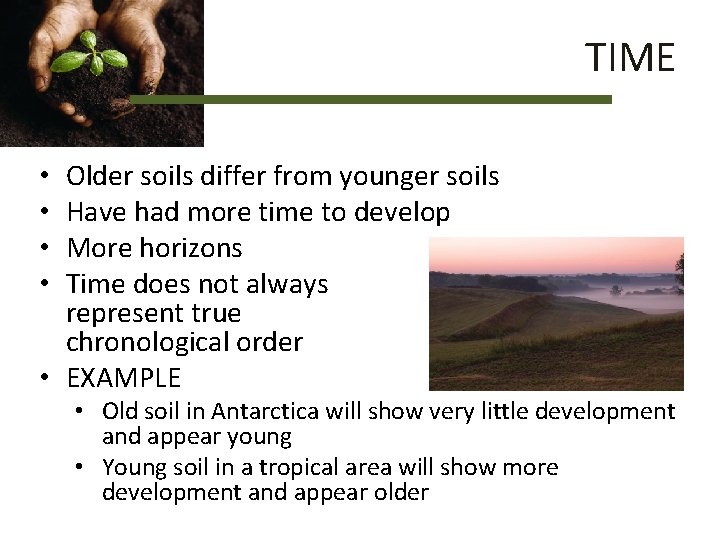 TIME Older soils differ from younger soils Have had more time to develop More