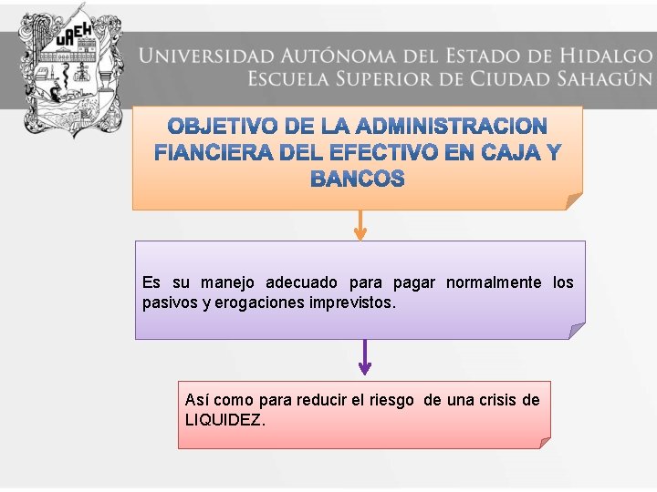 Es su manejo adecuado para pagar normalmente los pasivos y erogaciones imprevistos. Así como