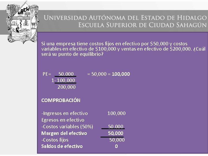 Si una empresa tiene costos fijos en efectivo por $50, 000 y costos variables