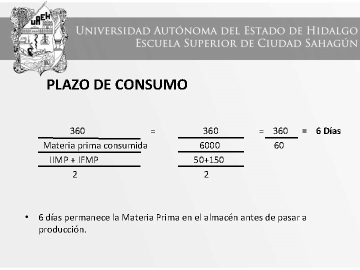 PLAZO DE CONSUMO 360 = Materia prima consumida IIMP + IFMP 2 360 6000