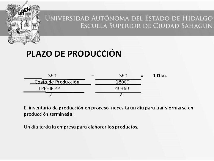 PLAZO DE PRODUCCIÓN 360 Costo de Producción II PP+IF PP 2 = 360 18000