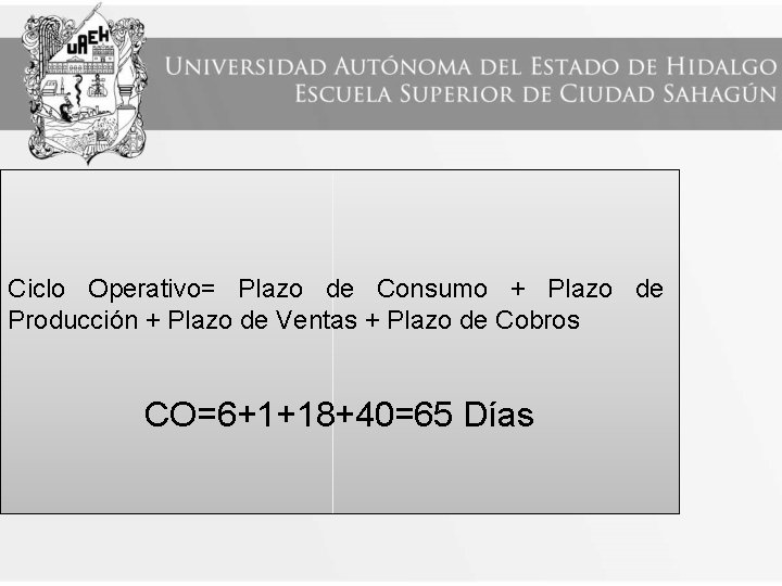 Ciclo Operativo= Plazo de Consumo + Plazo de Producción + Plazo de Ventas +