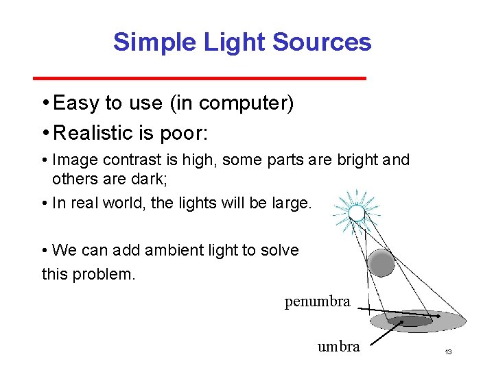 Simple Light Sources • Easy to use (in computer) • Realistic is poor: •