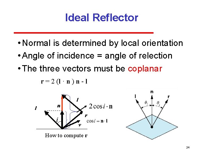 Ideal Reflector • Normal is determined by local orientation • Angle of incidence =