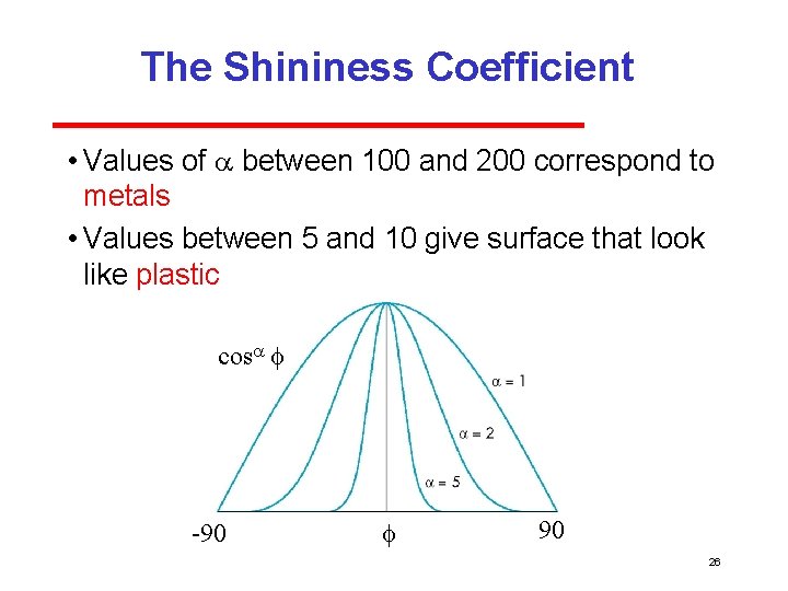 The Shininess Coefficient • Values of a between 100 and 200 correspond to metals