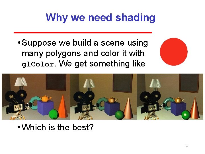 Why we need shading • Suppose we build a scene using many polygons and