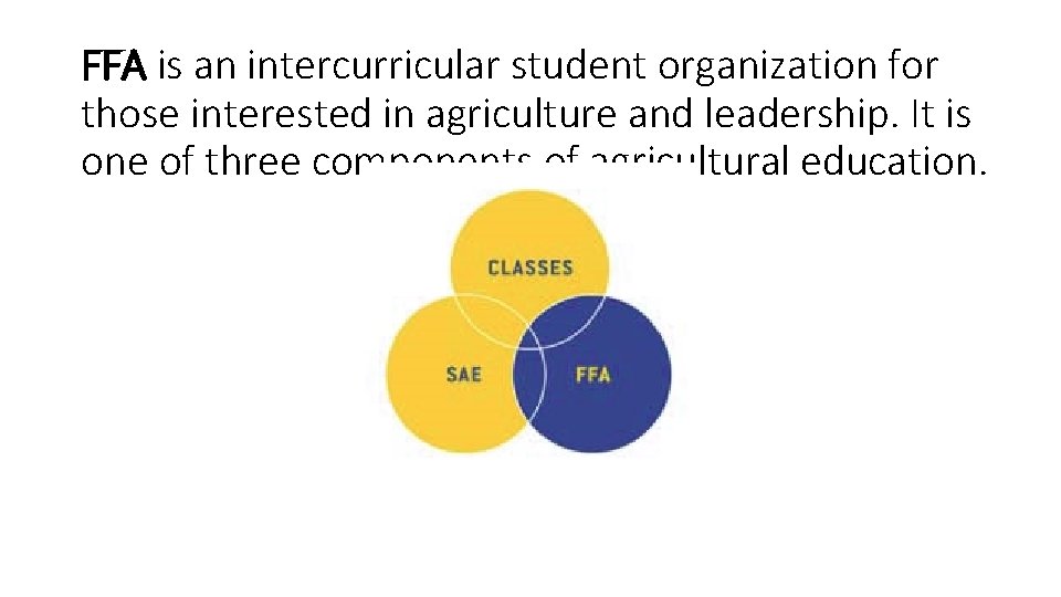 FFA is an intercurricular student organization for those interested in agriculture and leadership. It