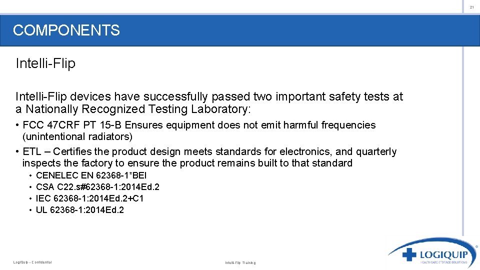 21 COMPONENTS Intelli-Flip devices have successfully passed two important safety tests at a Nationally