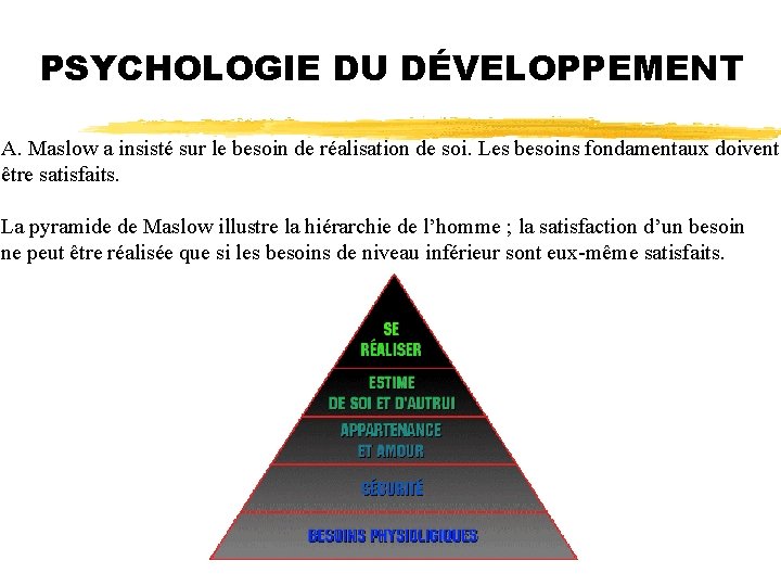PSYCHOLOGIE DU DÉVELOPPEMENT A. Maslow a insisté sur le besoin de réalisation de soi.