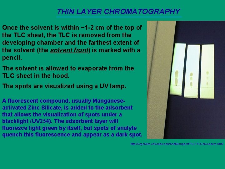 THIN LAYER CHROMATOGRAPHY Once the solvent is within ~1 -2 cm of the top