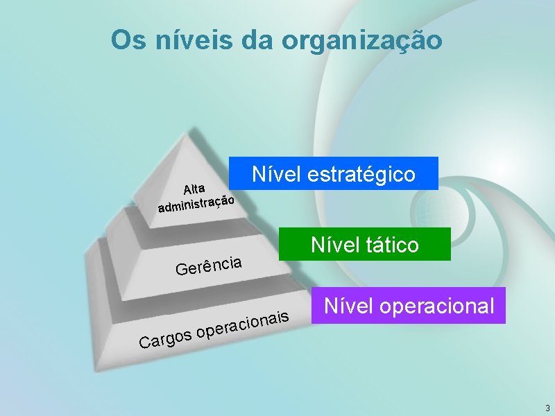 Os níveis da organização Alta ção administra Nível estratégico Gerência ais n o i