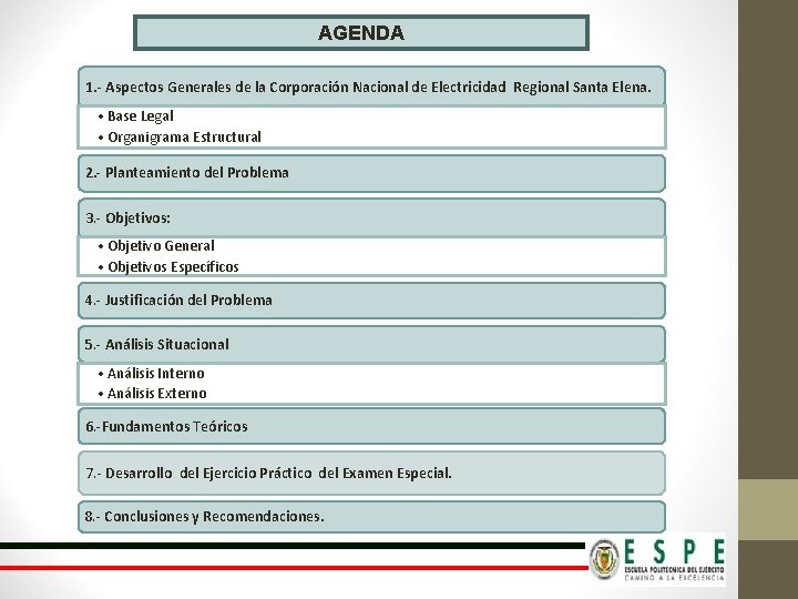 AGENDA 1. - Aspectos Generales de la Corporación Nacional de Electricidad Regional Santa Elena.