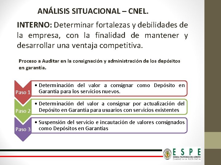 ANÁLISIS SITUACIONAL – CNEL. INTERNO: Determinar fortalezas y debilidades de la empresa, con la