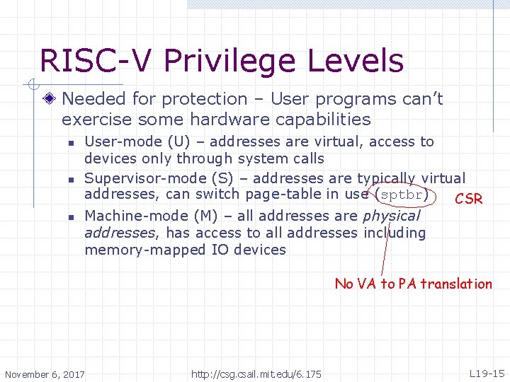 RISC-V Privilege Levels Needed for protection – User programs can’t exercise some hardware capabilities