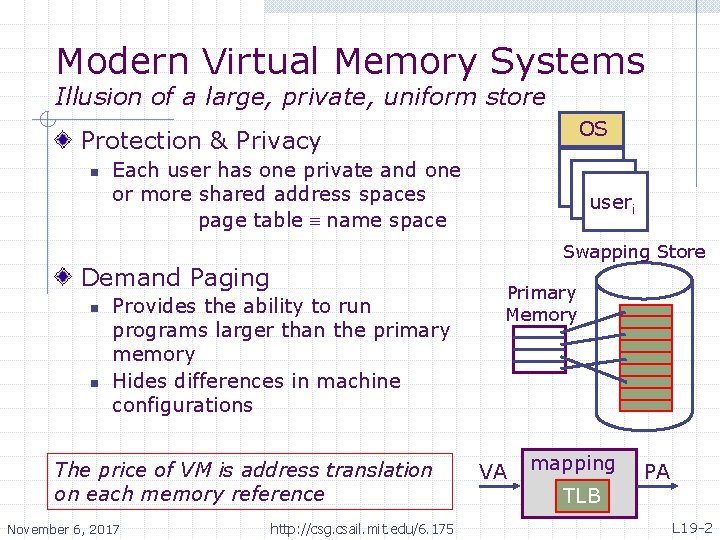 Modern Virtual Memory Systems Illusion of a large, private, uniform store OS Protection &