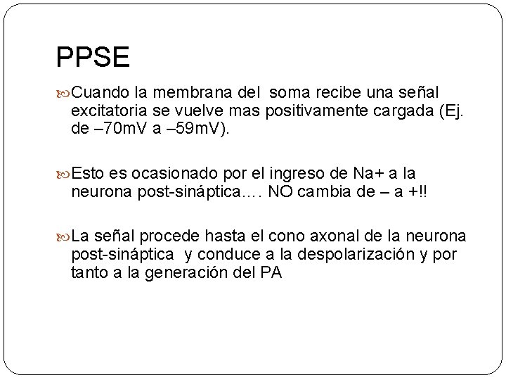 PPSE Cuando la membrana del soma recibe una señal excitatoria se vuelve mas positivamente