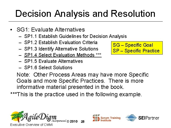 Decision Analysis and Resolution • SG 1: Evaluate Alternatives – – – SP 1.