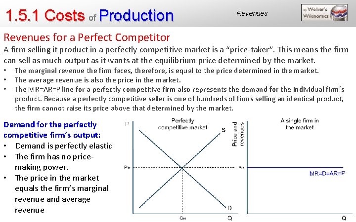 1. 5. 1 Costs of Production Revenues for a Perfect Competitor A firm selling