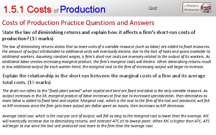 1. 5. 1 Costs of Production Quiz Costs of Production Practice Questions and Answers
